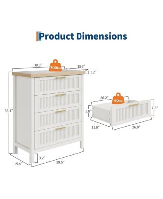 Fluted Dresser for Bedroom, Chest of Dressers, 35inch Tall Dresser for Closet with 4 Fluted Drawers, Chest with Clothes Storage Cabinet, White
