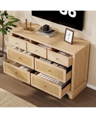 7-Drawer Modern Dresser for Bedroom, Wood Chest with Natural Rattan Fronts, Sturdy Base, Organizer for Living Room, Entryway, Hallway
