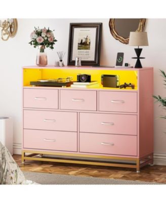 7-Drawer Modern Dresser with Charging Station, LED Lights, Wide Chest, Large Capacity Storage, Living Room, Hallway