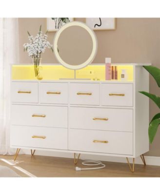8-Drawer Modern Dresser with LED Light & Charging Station, Wooden Chest, Open Shelf, Bedroom, Living Room
