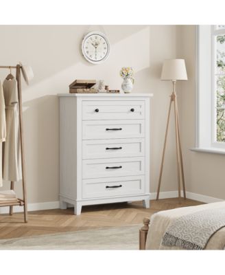 5-Drawer White Freestanding Wooden Chest, 41.3" Tall, Vertical Dresser for Living Room, Bedroom, Entryway