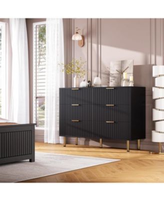 6-Drawer Modern Fluted Dresser, Wide Chest with Deep Drawers, Wooden Organizer for Living Room, Hallway, Kids Room, Black