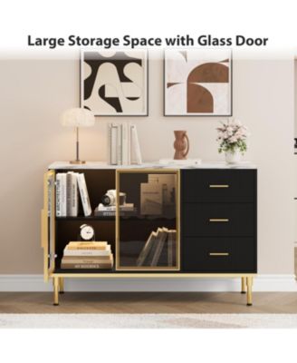 Fluted Sideboard Buffet Cabinet with Glass Doors, 3 Drawers, Marble Top, Kitchen & Dining Room, Black