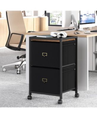 Large Double Drawer Compact Mobile Filing Cabinet, Stylish Fabric Storage Solution, Legs & Wheels, Bedroom, Black