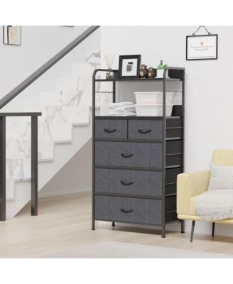 5-Drawer Fabric Dresser Bedroom Chest, Metal Frame, Wood Tabletop, Entryway Storage Organizer, Easy Pull Handle