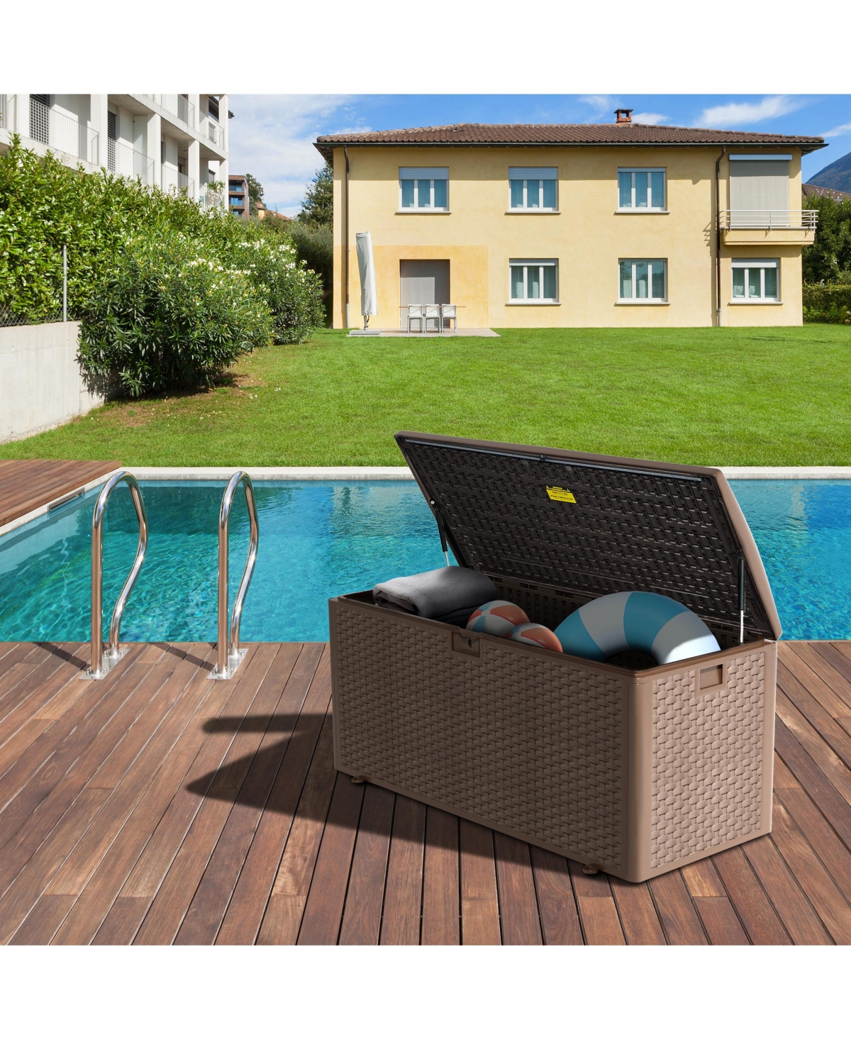 Decksplore Massive 150 Gallon Outdoor Storage Box Waterproof Lockable Resin Deck Box for Patio Pool and Garden