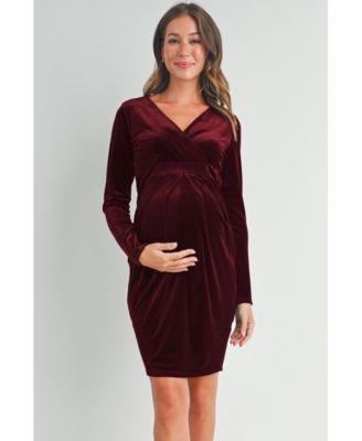 Maternity Long Sleeve Velvet V Neck Wrap Dress