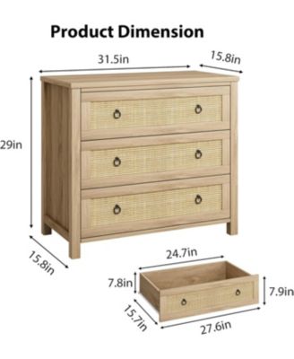 3-Drawer Natural Rattan Dresser, Freestanding Storage Cabinet, Anti-Tip, Extra Deep Drawers, Bedroom, Nursery, Living Room