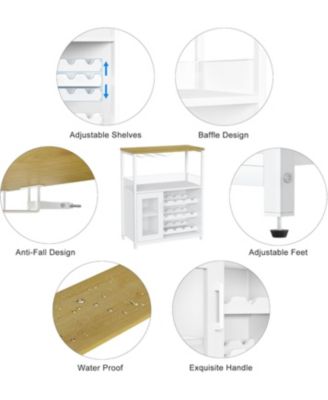 Farmhouse Wine Bar Cabinet with Detachable Wine Rack, Glass Holder, Mesh Door, Adjustable Feet, Living Room, White