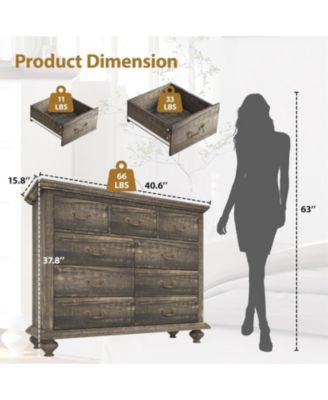 Rustic Grey 9-Drawer Bedroom Dresser, 37.8" Tall Wood Chest with Wide Drawers & Carved Metal Handles, Sturdy Organizer for Living Room Hallway