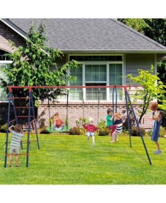 Swing Set for Backyard with 2 Height Adjustable Swings Glider Basketball Hoop