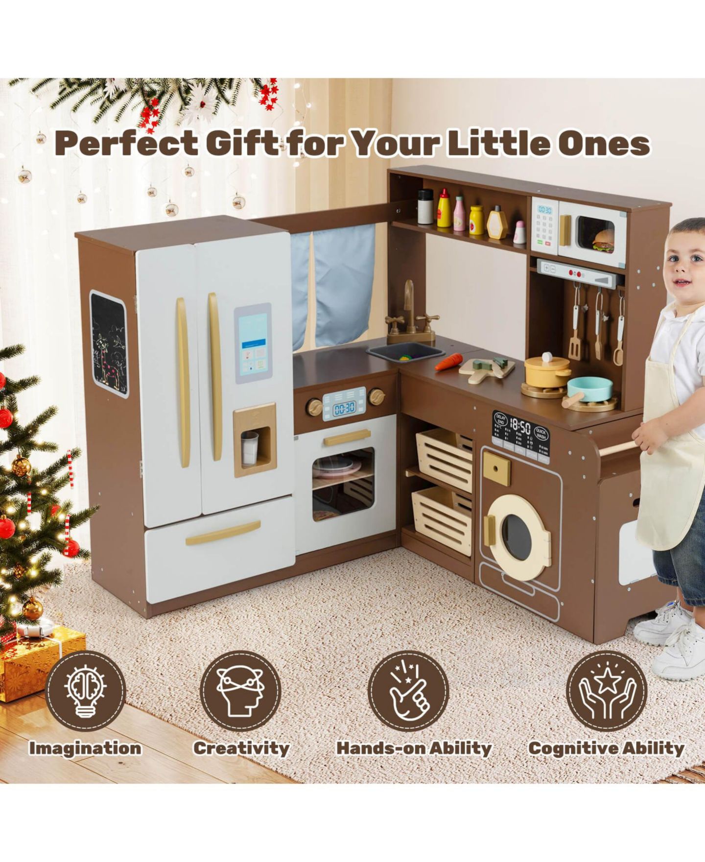 Детские игрушки Costway Corner Play Kitchen with Lights & Sounds 22-Piece Set, Ages 3+, цвет: Коричневый — фото 8
