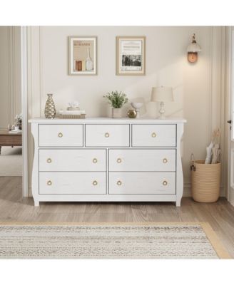 7-Drawer Modern Wood Dresser with Golden Ring Pull Handles, Wide Storage Chest Organizer for Living Room, Entryway