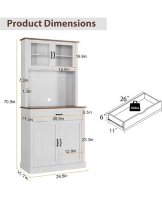 Kitchen Cabinet with Glass Doors, Large Drawer, Adjustable Shelves, Cable Hole, Anti-Tilt Storage, White
