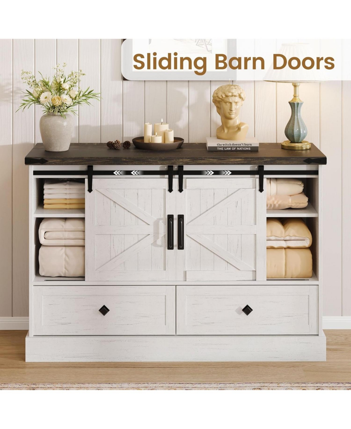 gaomon 4-Drawer Farmhouse Painted Engineered Wood Dresser, Sliding Barn Doors, Removable Divider, Bedroom