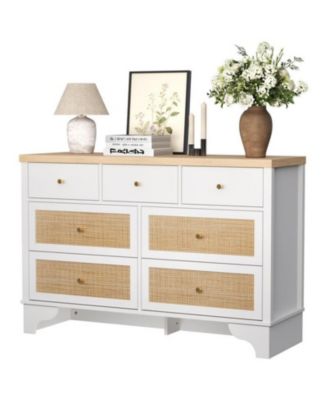 7-Drawer Modern Dresser for Bedroom, Wood Chest with Natural Rattan Fronts, Sturdy Base, Organizer for Living Room, Entryway, Hallway