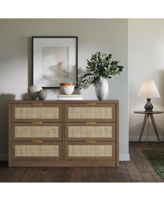 6-Drawer 53" Modern Rattan Dresser Bedroom Boho Wood Chest Storage Cabinet, TV Stand for Living Room, Metal Handles