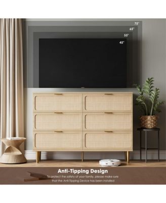 Rattan 6 Drawer Dresser for Bedroom, Large Double Dresser with Deep Drawers, Modern Chest Organizer
