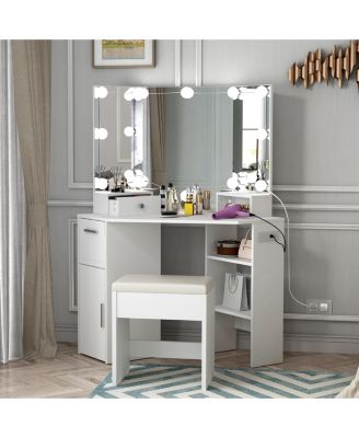 White Corner Vanity Set, Small Makeup Table with Upholstered Stool, Compact Bedroom Dressing Table
