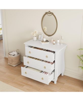 3-Drawer Modern Wood Dresser Bedroom Chest with Golden Metal Ring Pull Handles, Storage Cabinet for Living Room, Entryway, Antique White