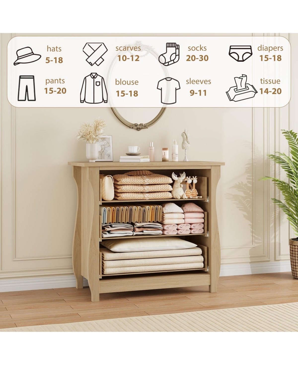 gaomon 3-Drawer Modern Wood Dresser Bedroom Chest with Black Metal Ring Pull Handles, Storage Cabinet for Living Room, Entryway, Natural Oak