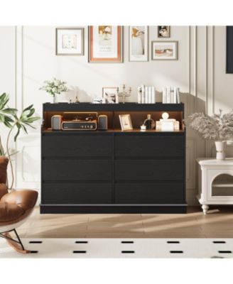 6-Drawer Black Dresser with LED Lights, Charging Station, Wide Chest, Modern Large Capacity Storage for Living Room, Hallway