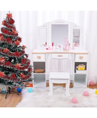 Kids 3 Drawer Wooden Dressing Table, Round Mirror with Lights, Stool, Modern Child Vanity Set