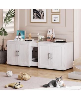 Double Room Cat Litter Cabinet, Stylish Storage Litter Box Enclosure for Two Cats, Cat Mat, Organizer, White