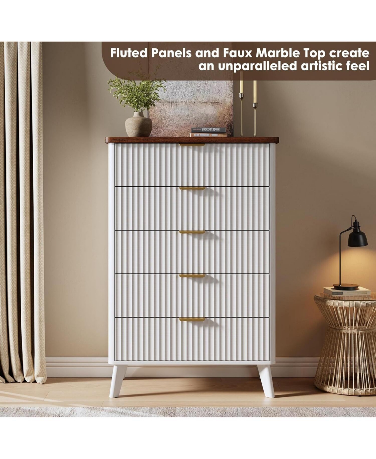 gaomon Fluted Dresser for Bedroom with 5 Deep Drawers, 47in Tall Chest of Drawers with Faux Marble Top, Curved Profile Design, White with Walnut Top