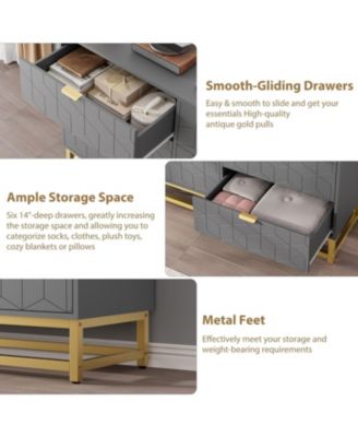 47.2 Inch Grey 6-Drawer Modern Dresser, Wide Chest, Gold Metal Legs & Handles, Storage for Bedroom, Living Room, Hallway