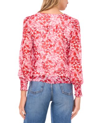 Women's V-Neck Button-Front Smocked-Shoulder Top