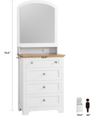 4-Drawer Charge Station, LED Strip, Crystal Knobs, Modern Vanity Cabinet Dresser with Mirror