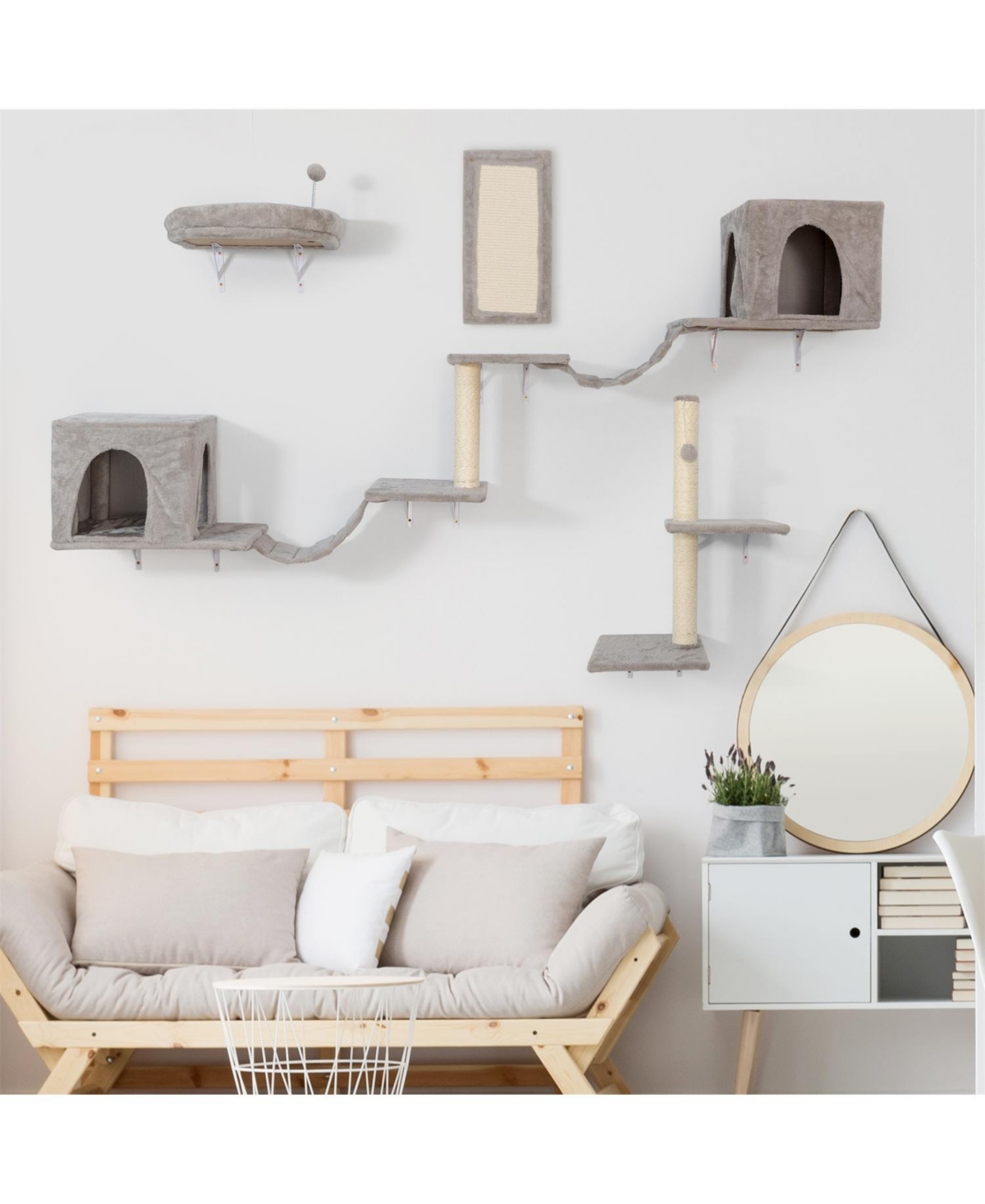 Aostirmotor Wall-mounted Cat Tree With 2 Cat Condos House, 3 Cat Wall Shelves in Beige