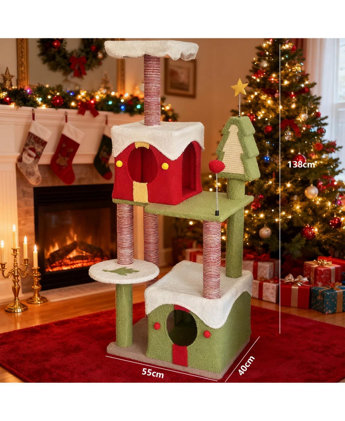 Aostirmotor Festive 54" Christmas Cat Tree with Multi-Level Perches, Condos & Scratching Posts