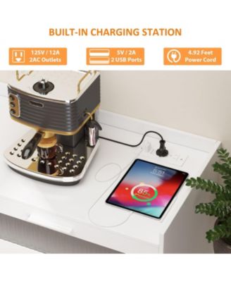 Farmhouse Rattan Storage Cabinet with Charging Station and LED Light, Heavy Duty Buffet