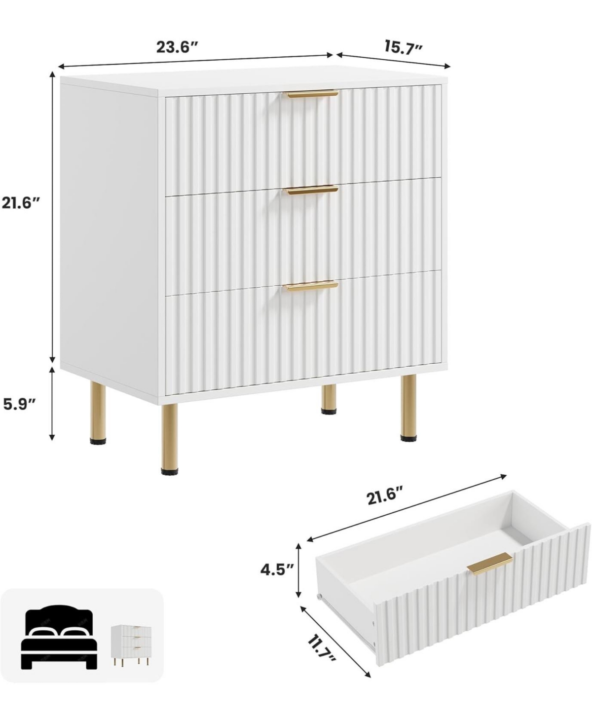 gaomon 3-Drawer Modern Fluted White Dresser, Stylish Nightstand with Deep Drawers, Wide Top, Organizer for Bedroom, Living Room, Kids Room