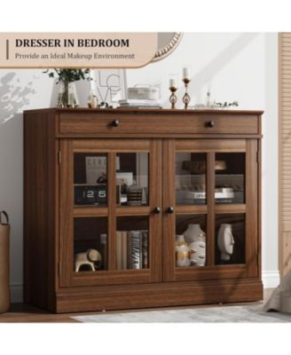 35.4 Inch Walnut Sideboard Buffet Cabinet, Glass Door, Drawer Storage, Modern Dining Room, Kitchen Cabinet