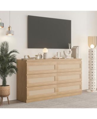 6 Drawer Natural Wood Multi-Purpose Rattan Fronts, Smooth Operation, TV Stand - Dresser