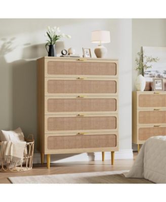 5 Drawer Rattan Chest of Drawers with Deep Drawers, Modern Storage Cabinet Dresser