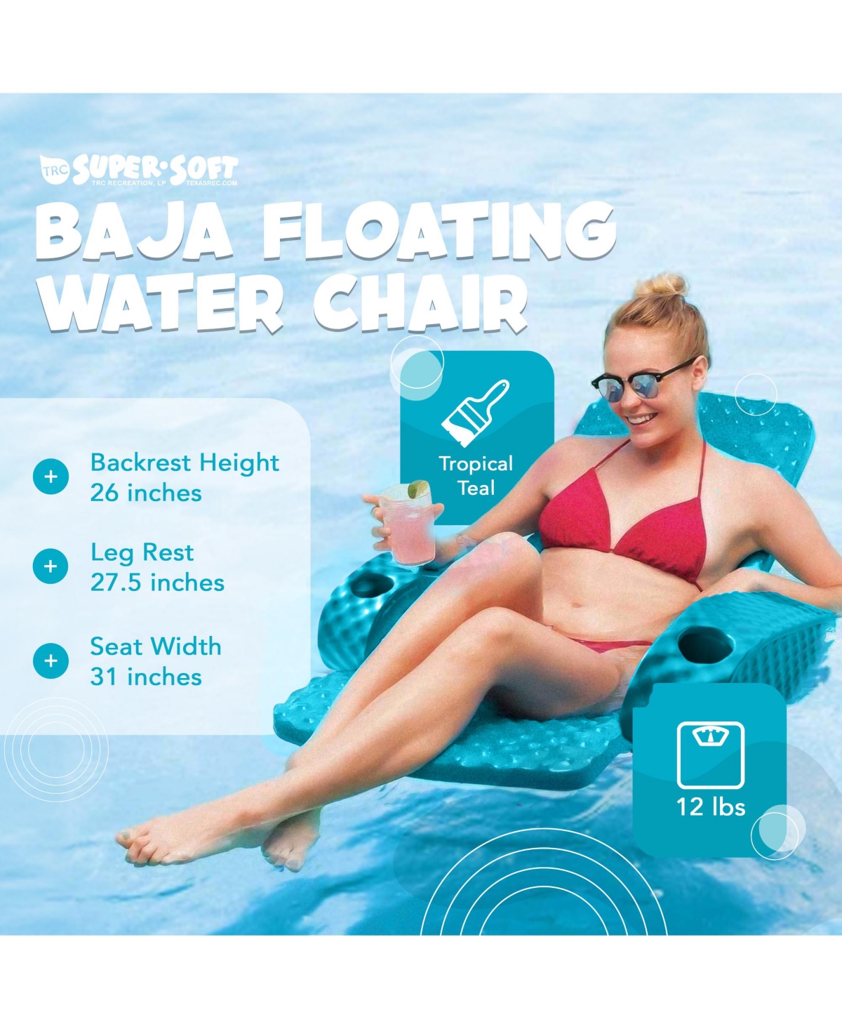 Trc Recreation Folding Baja Chair Swimming Pool Float Armchair, Tropical Teal