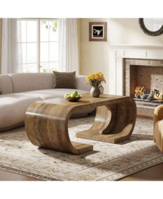 Farmhouse Coffee Table, 47" Heavy Duty C-Shaped Center Table with Curved Base, Rustic Brown
