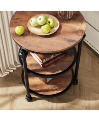 Round 3-Tier Side Table with Shelves, Small Space Coffee Table, High Load Capacity, Easy Assembly, Vintage Brown