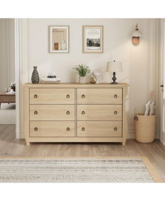 6-Drawer Modern Wood Dresser with Golden Ring Pull Handles, Wide Storage Cabinet for Living Room, Entryway, Oak Finish