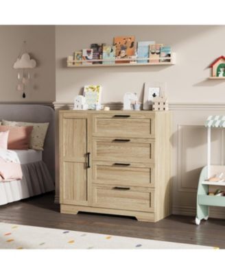 4-Drawer Wood Modern Dresser with Wardrobe Closet and Hanging Rod