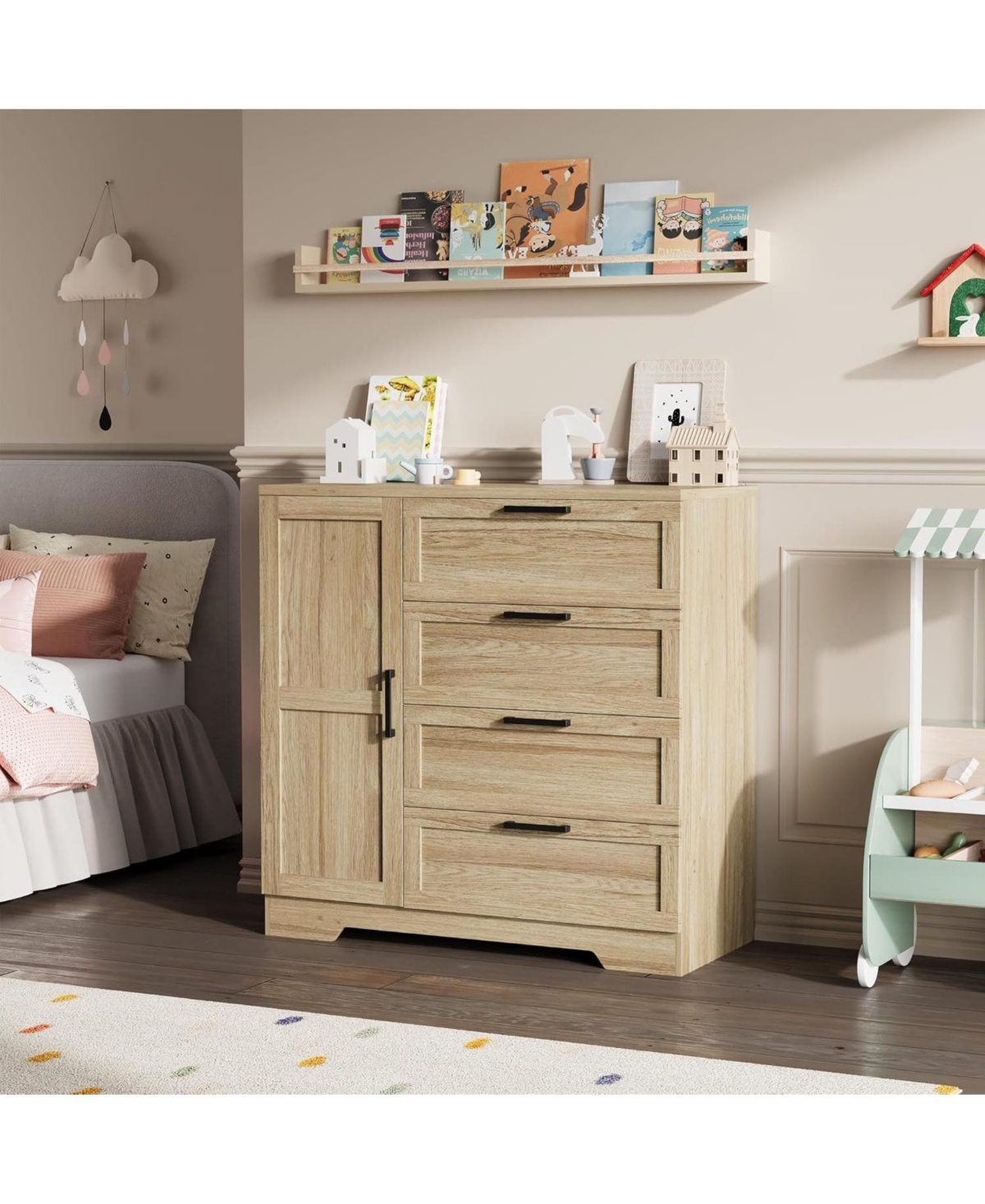 gaomon 4-Drawer Wood Modern Dresser with Wardrobe Closet and Hanging Rod