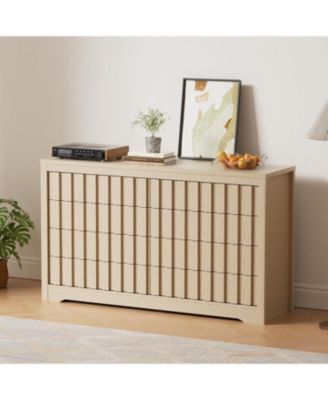 8-Drawer Modern Fluted Wood Dresser Bedroom Chest, Handleless Deep Storage Closet Organizer for Living Room, Hallway, Natural Oak