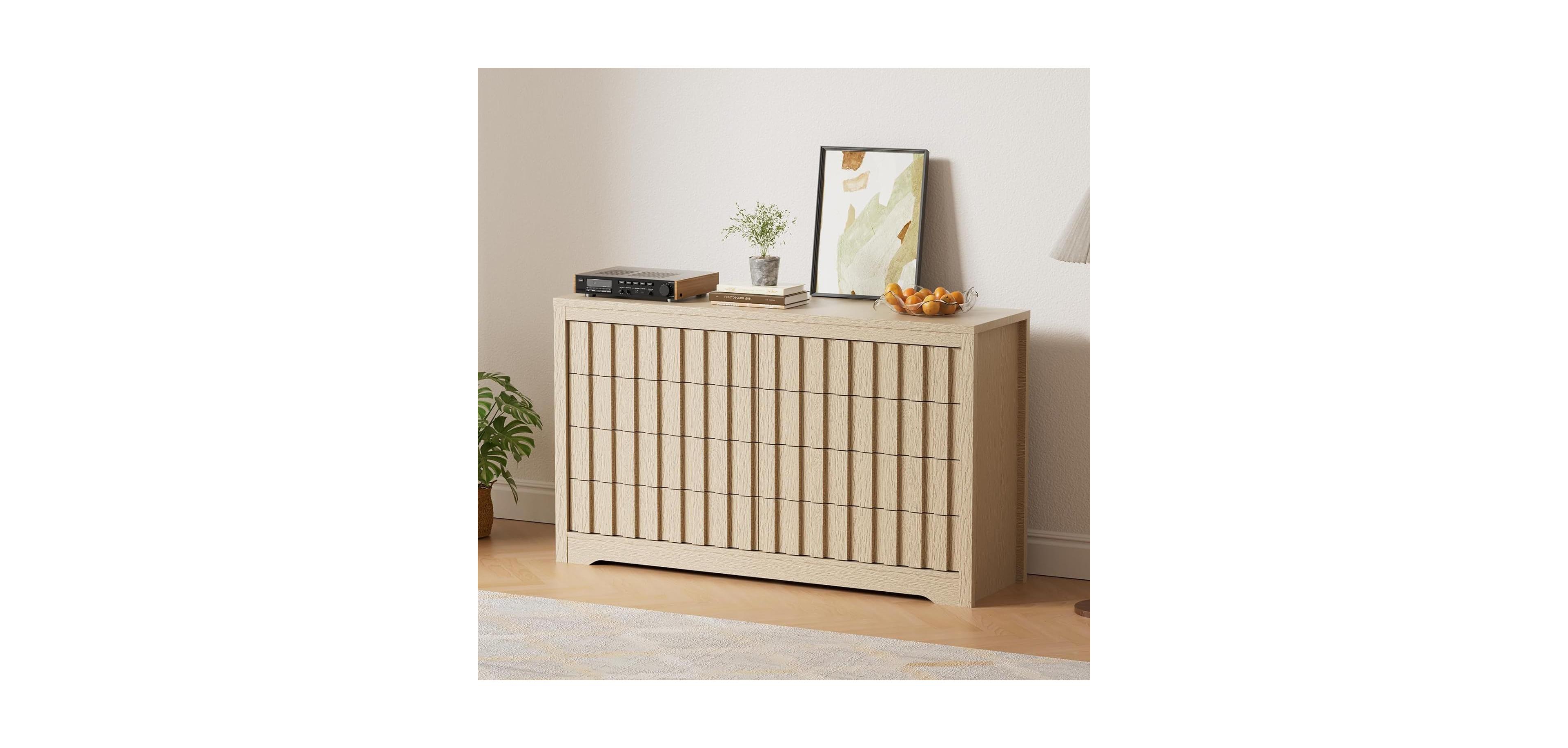 gaomon 8-Drawer Modern Fluted Wood Dresser Bedroom Chest, Handleless Deep Storage Closet Organizer for Living Room, Hallway, Natural Oak