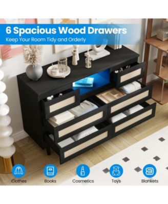 6-Drawer Modern Rattan Dresser for Bedroom, LED Dresser with Charging Station, TV Stand, Closet, Living Room, Hallway