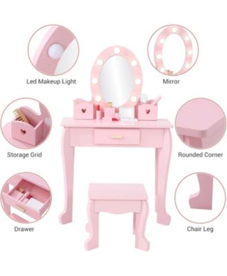 Kids Vanity with Lighted Mirror, Toddler Vanity Table and Chair Set, Makeup Playset for Girls, Pink