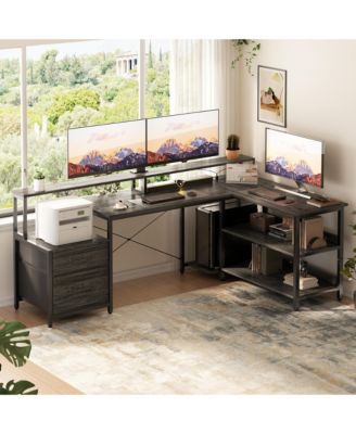 L-Shaped Computer Desk with Drawers and Monitor Shelf, Gaming Desks with LED Strip